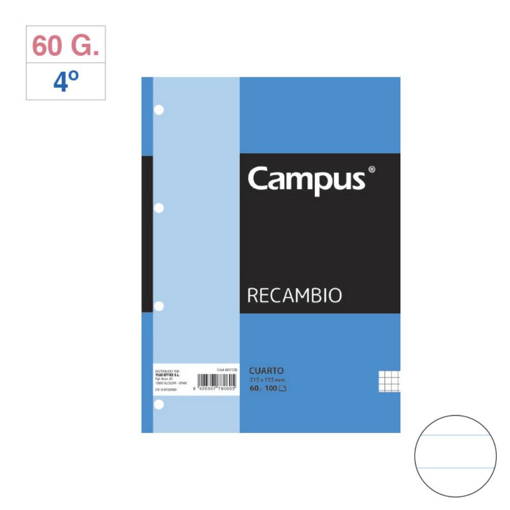 Recambio Archivador Campus 4º 100 Hojas 60g Rayado Horizontal