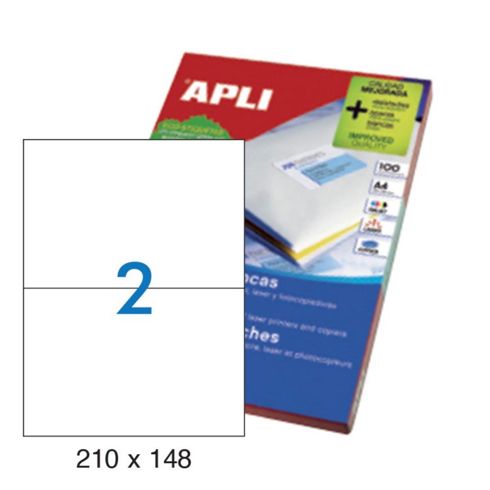 Etiquetas Autoadhesivas Apli 210 x 148 mm Cantos Rectos 2 x hoja Caja 100 Hojas