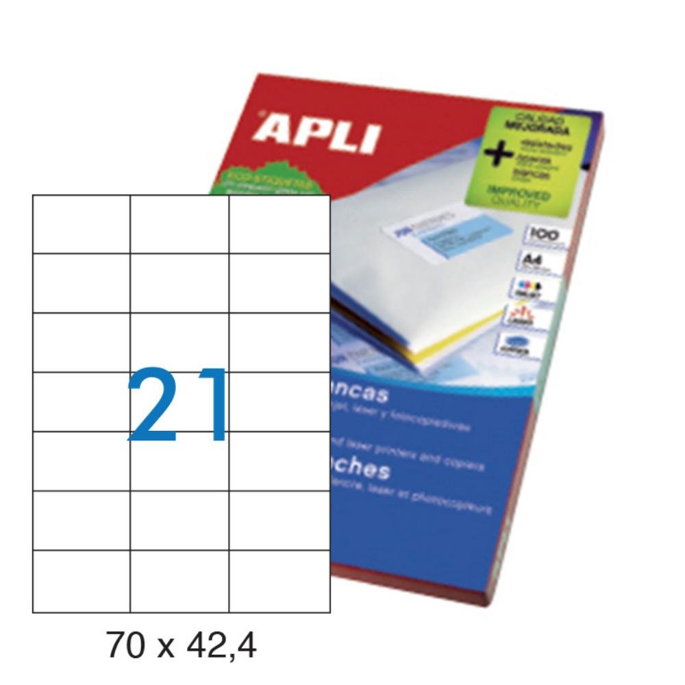 Etiquetas Autoadhesivas Apli 70 x 42,4mm Cantos Rectos 21 x hoja Caja 100 Hojas