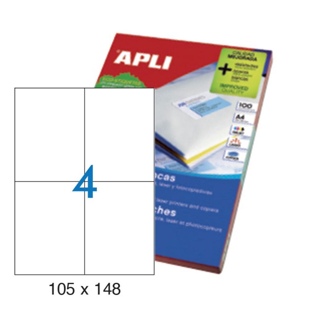 Etiquetas Autoadhesivas Apli 105 x 148 mm Cantos Rectos 4 x hoja Caja 100 Hojas