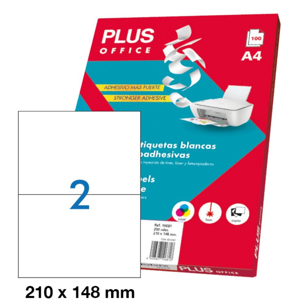 Etiquetas Autoadhesivas Plus Office 210 x 148 mm Cantos Rectos 2 x hoja Caja 100 Hojas
