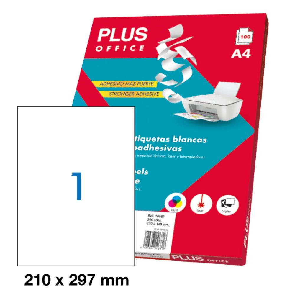 Etiquetas Autoadhesivas Plus Office 210 x 297 mm Cantos Rectos 1 x hoja Caja 100 Hojas