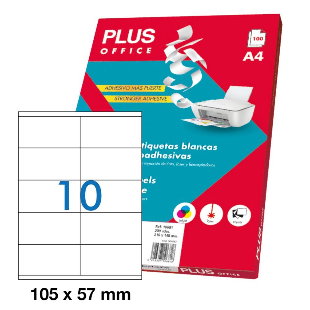 Etiquetas Autoadhesivas Plus Office 105 x 57 mm Cantos Rectos 10 x hoja Caja 100 Hojas