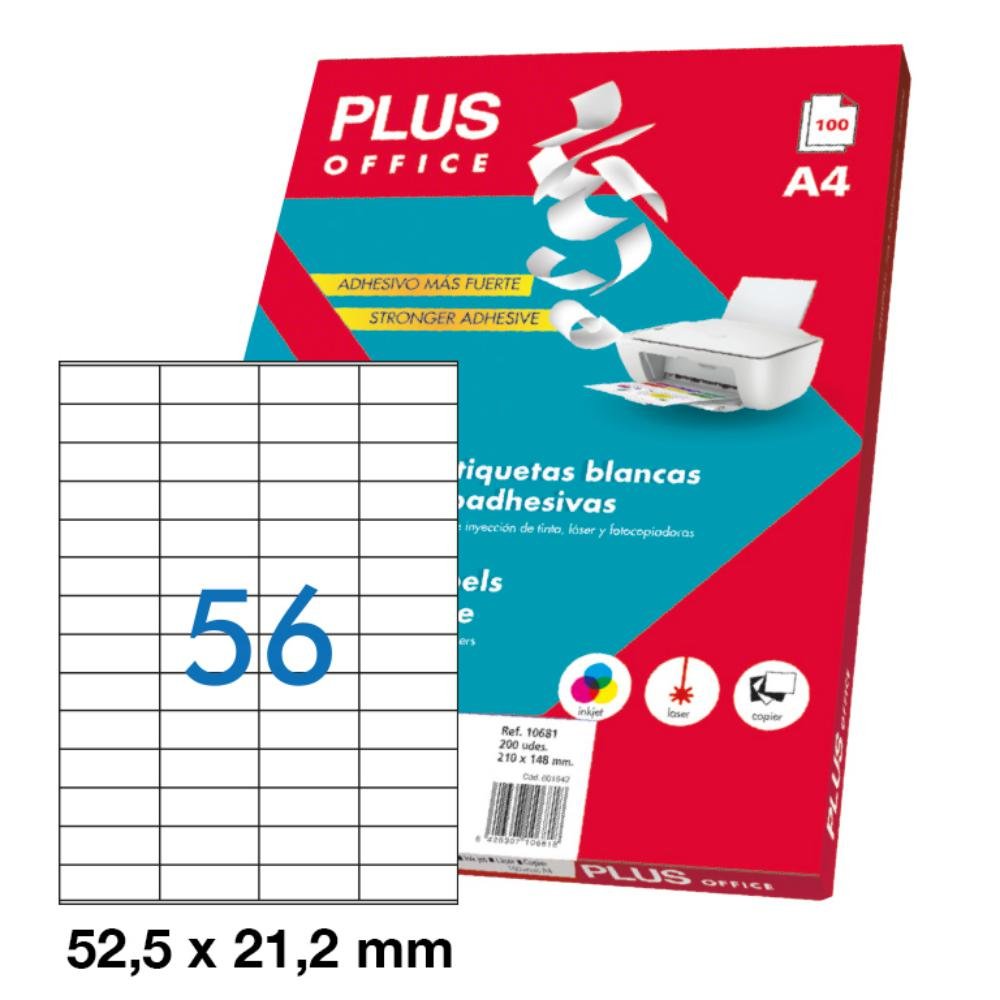 Etiquetas Autoadhesivas Plus Office 52,5 x 21,2 mm Cantos Rectos 56 x hoja Caja 100 Hojas