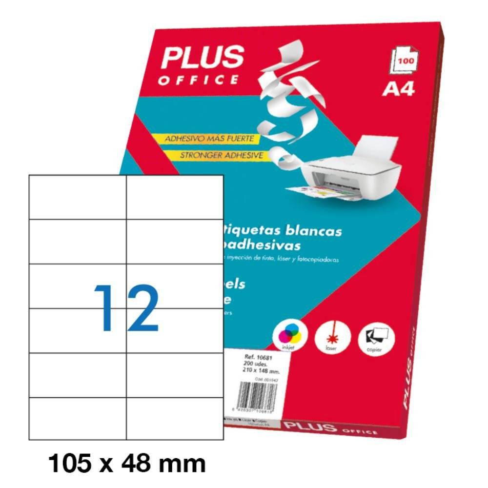 Etiquetas Autoadhesivas Plus Office 105 x 48 mm Cantos Rectos 12 x Hoja Pack 100 Hojas