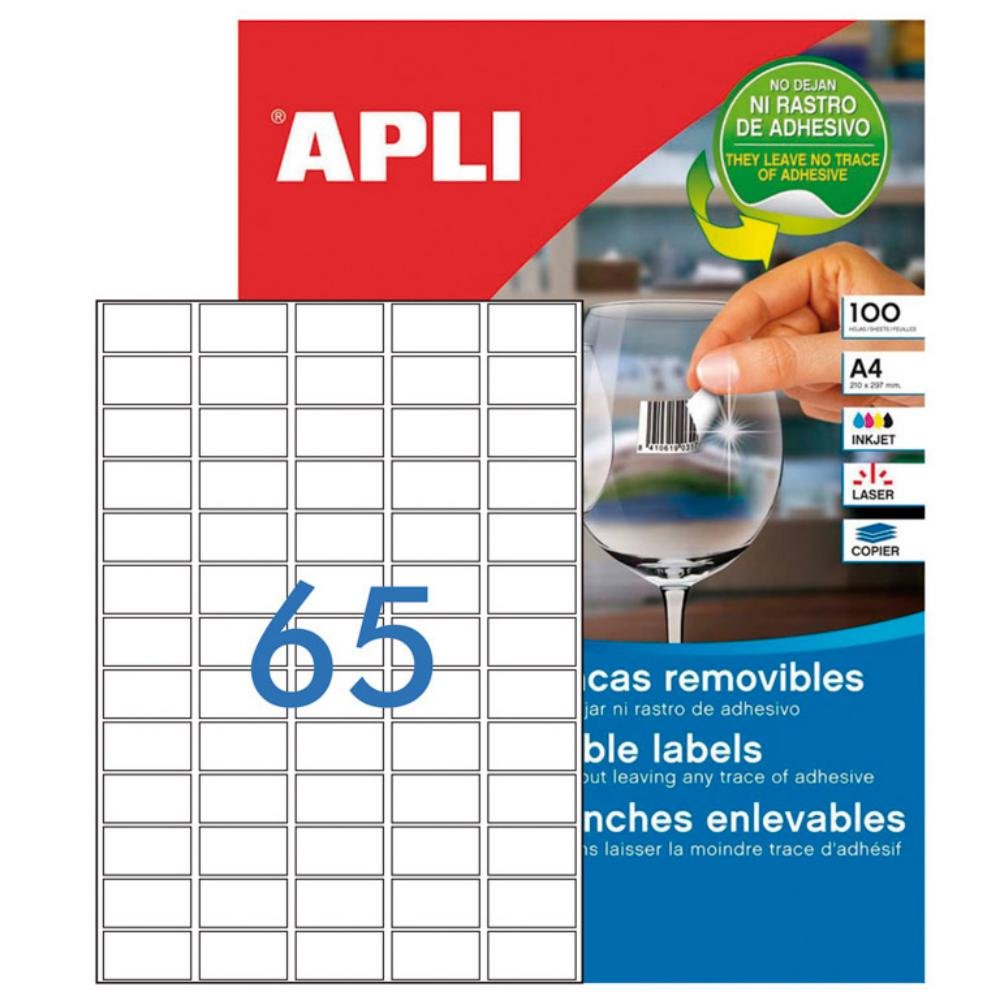 Etiquetas Removibles Apli A4 38 x 21,2 mm Cantos Rectos 65 x Hoja Caja 100 Hojas