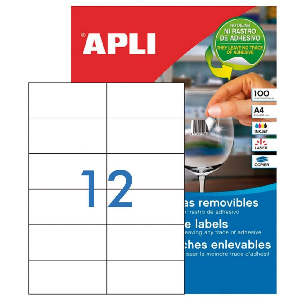 Etiquetas Removibles Apli A4 97 x 42,4 mm Cantos Rectos 12 x hoja Caja 100 Hojas