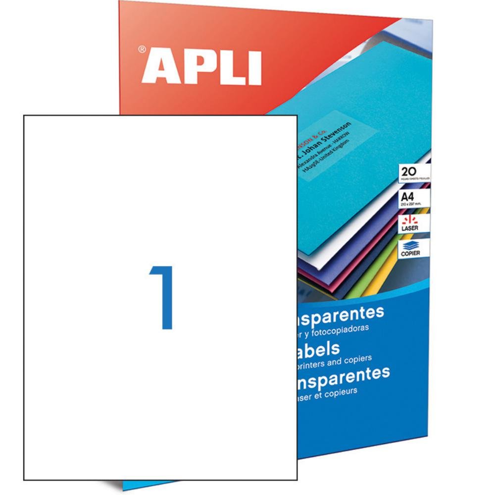 Etiquetas Traslúcidas Apli A4 210 x 297 mm 1 x hoja 20 Hojas