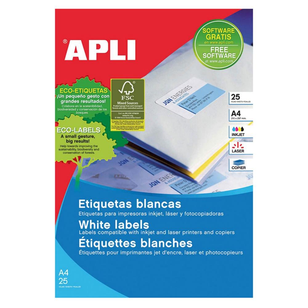 Etiquetas Autoadhesivas Apli 210 x 297 mm Cantos Rectos 1 x hoja Caja 25 Hojas