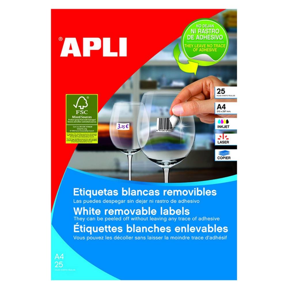 Etiquetas Removibles Apli A4 25,4 x 10 mm Cantos Redondeados 189 x hoja Caja 25 Hojas