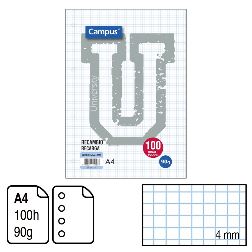 Recambio Campus A4 100 Hojas 90g Cuadrícula 4 mm 4 Taladros