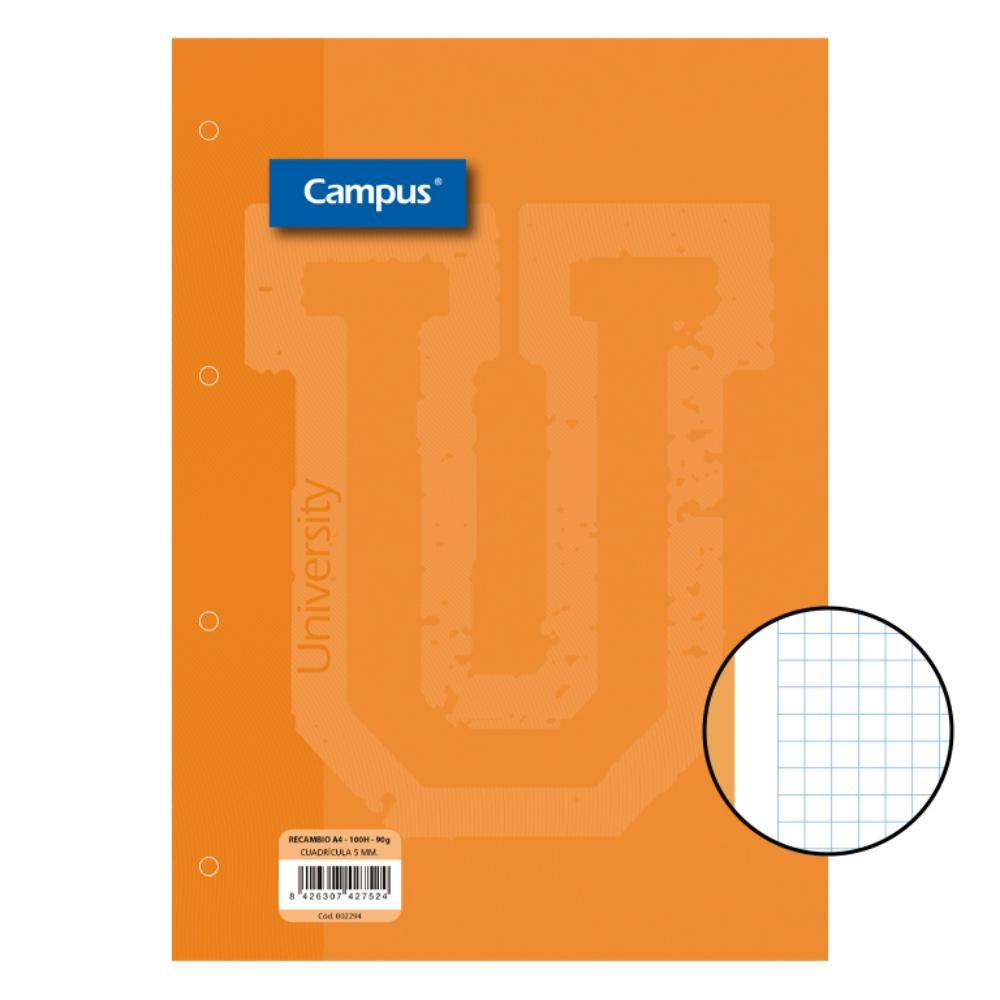 Recambio Campus A4 100 Hojas 90g Cuadrícula 5 mm Banda Naranja