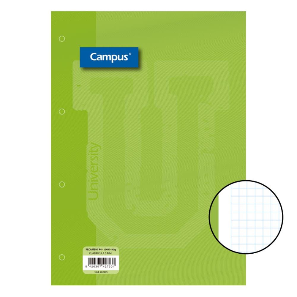 Recambio Campus A4 100 Hojas 90g Cuadrícula 5 mm Banda Verde