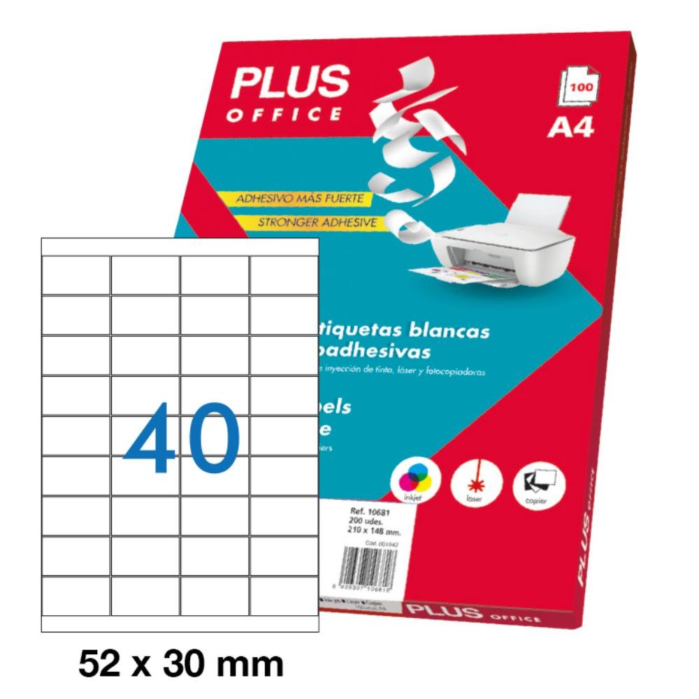 Etiquetas Autoadhesivas Plus Office 52 x 30 mm Cantos Rectos 40 x hoja Caja 100 Hojas