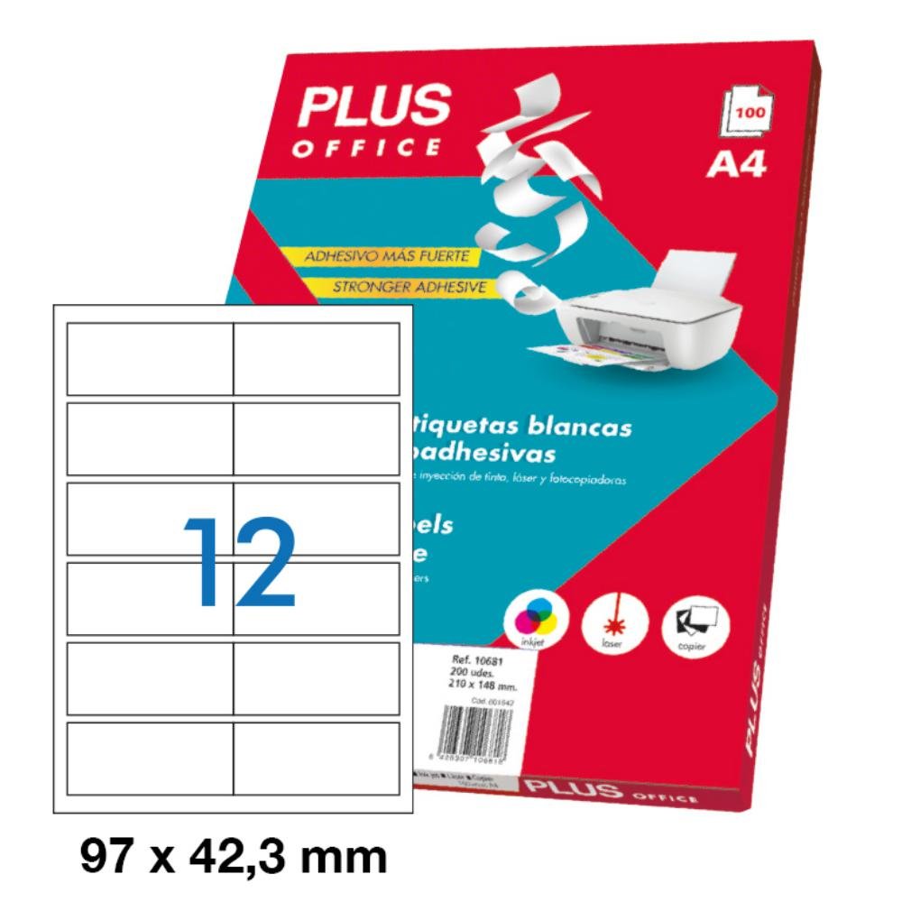 Etiquetas Autoadhesivas Plus Office 97 x 42,3 mm Cantos Rectos 12 x hoja Caja 100 Hojas