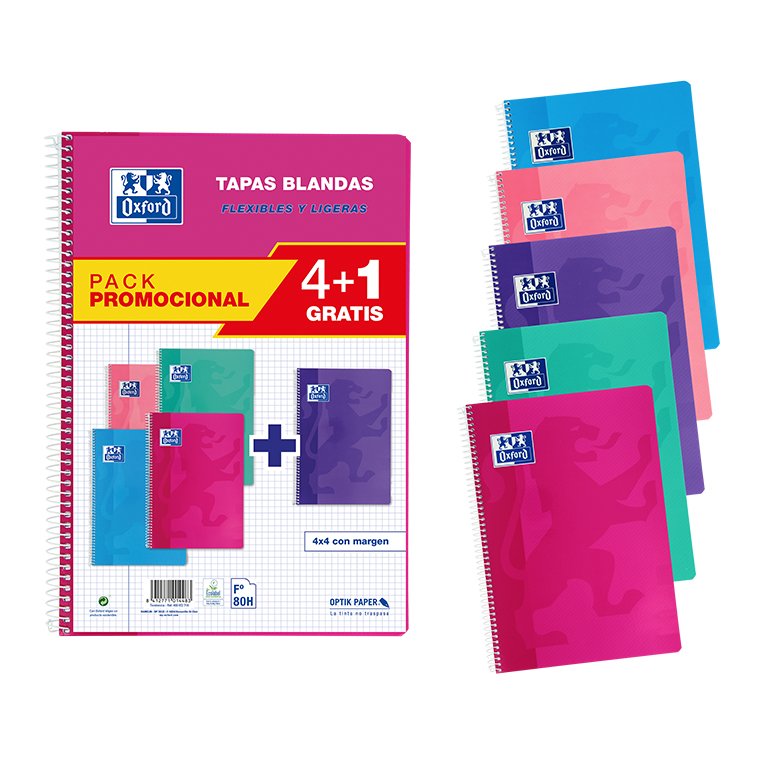 Bloc Espiral Oxford Folio Tapa Básica 80 Hojas Cuadrícula 4 mm Pack 4+1