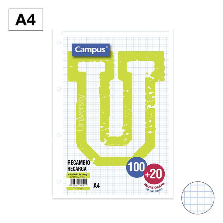 Recambio Campus A4 100 + 20 Hojas 90g Cuadrícula 4mm Turquesa