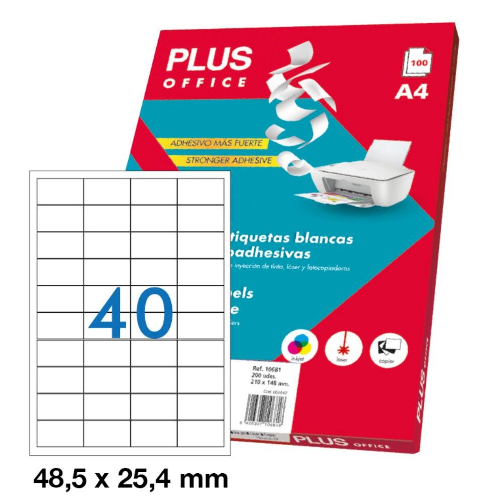 Etiquetas Autoadhesivas Plus Office 48,5 x 25,5 mm Cantos Rectos 40 x hoja Caja 100 Hojas