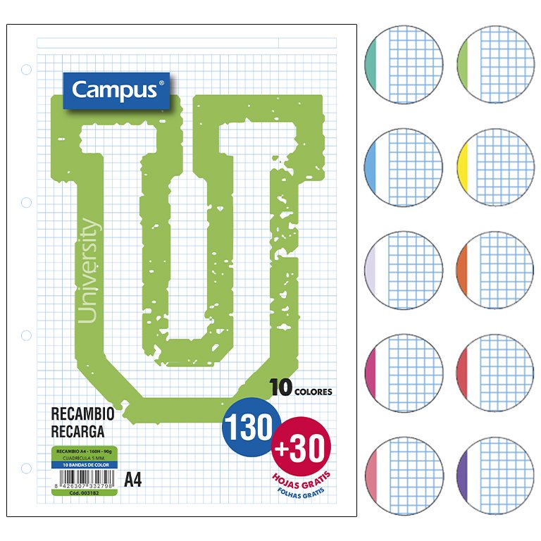 Recambio Campus A4 130 + 30 Hojas 90g Cuadrícula 5 mm Bandas Colores Vivos + Pastel