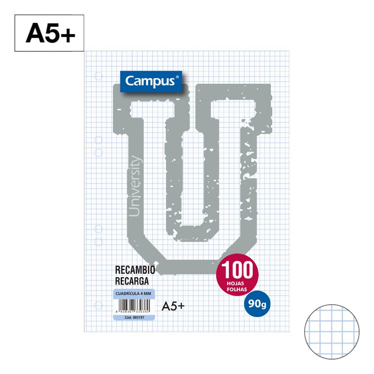 Recambio Campus A5+ 100 Hojas 90g Cuadrícula 4 mm 6 Taladros