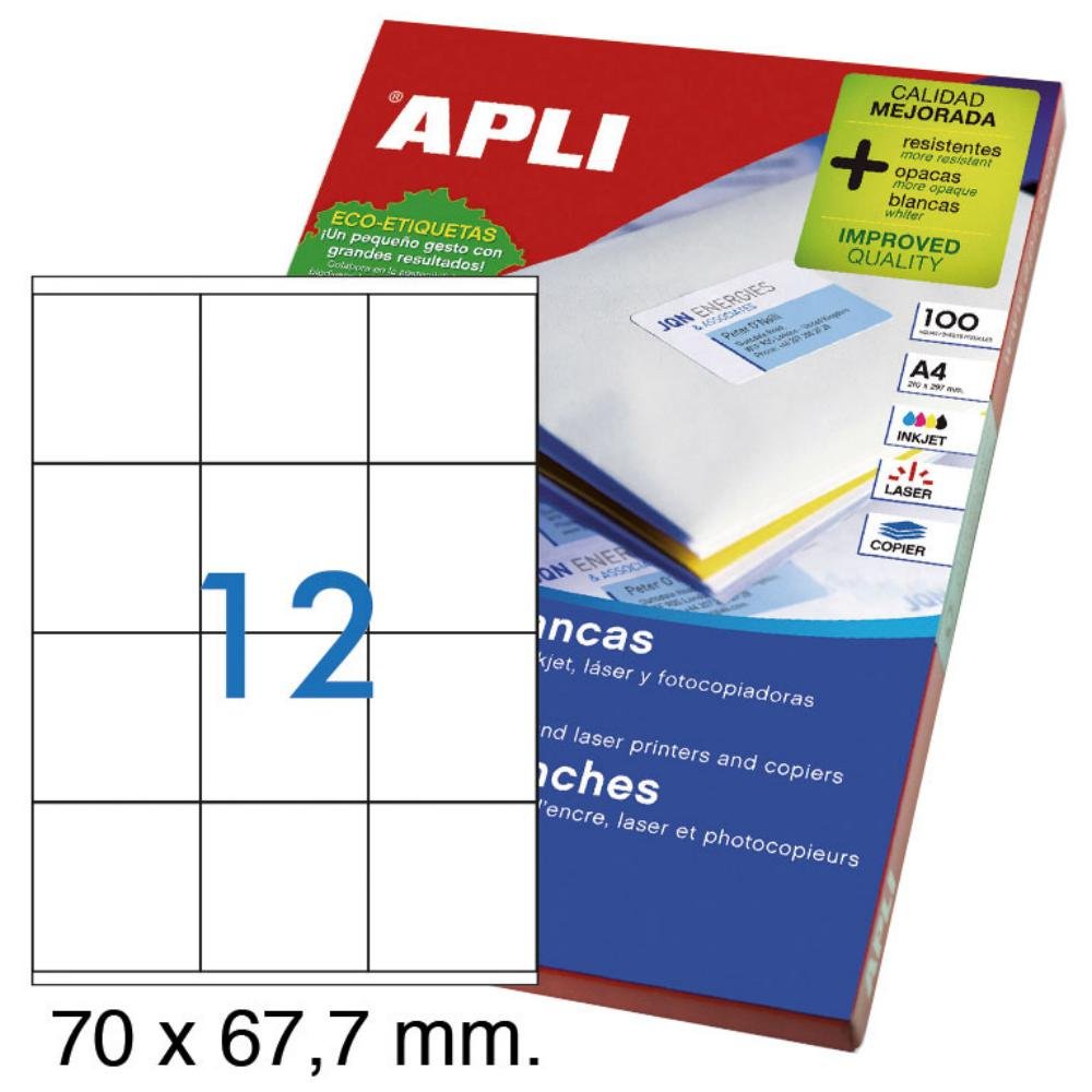Etiquetas Autoadhesivas Apli 70 x 67,7 mm Cantos Rectos 12 x hoja Caja 100 Hojas