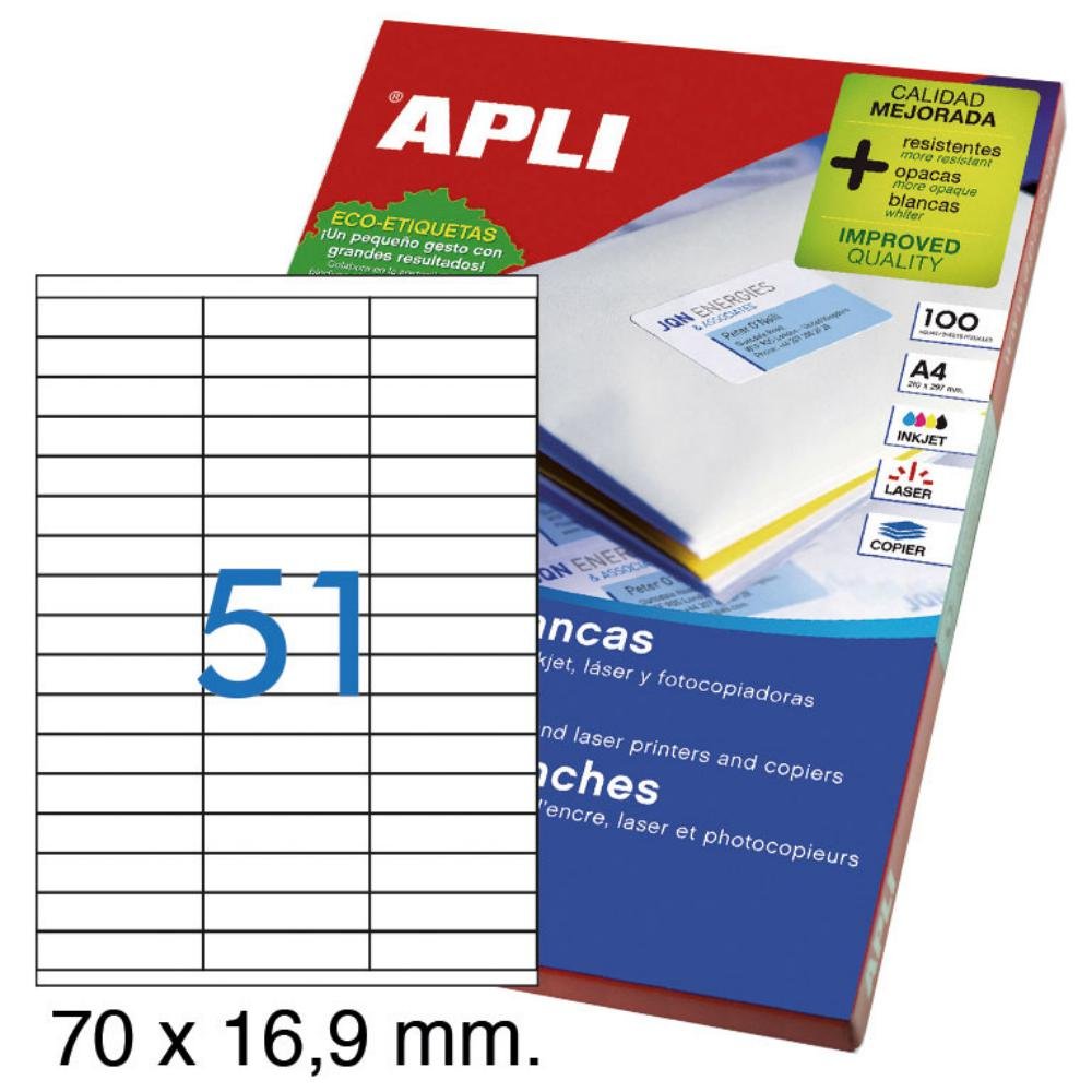 Etiquetas Autoadhesivas Apli 70 x 16,9 mm Cantos Rectos 51 x hoja Caja 100 Hojas