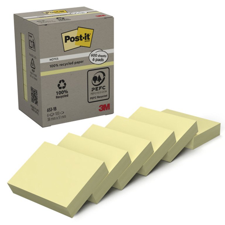 Bloc Notas Adhesivas Post-It Recicladas 38 x 51 mm Amarillas 100 Hojas