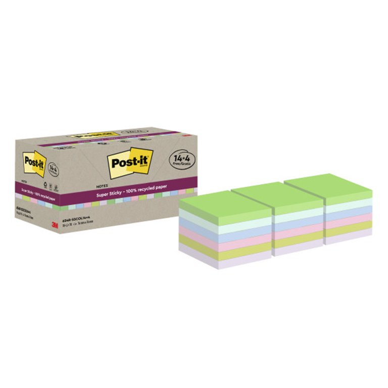 Bloc Notas Adhesivas Post-It Super Sticky Recicladas 76 x 76 mm Surtido 70 Hojas