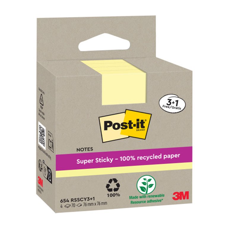 Bloc Notas Adhesivas Post-It Super Sticky Recicladas 76 x 76 mm Amarillas 70 Hojas
