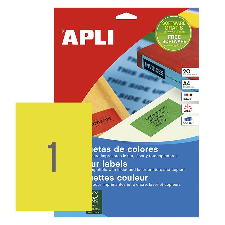Etiquetas de Colores A4 Apli 20 Hojas Amarillo