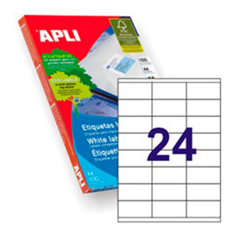 Etiquetas Autoadhesivas Apli 70 x 36 mm Cantos Rectos 24 x hoja Caja 100 Hojas