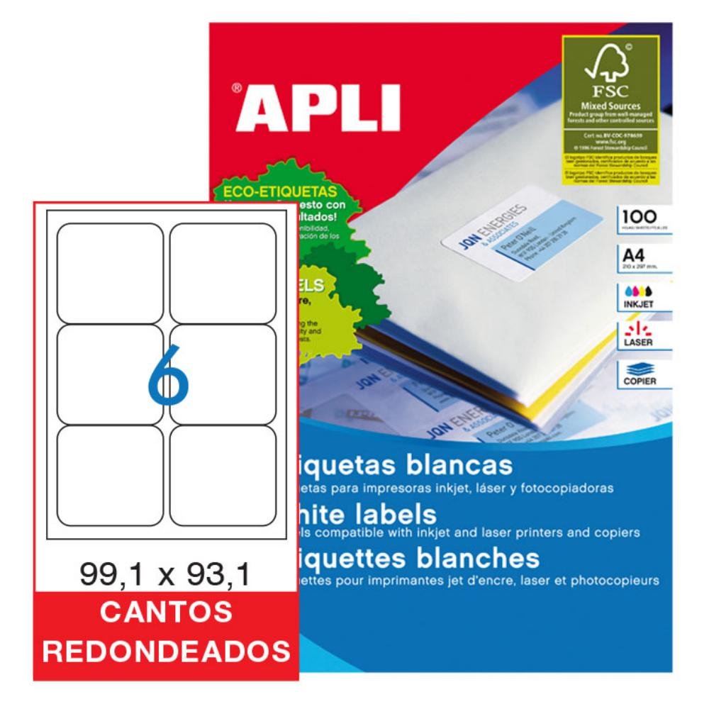 Etiquetas Autoadhesivas A4 Apli 99,1 x 93,1 mm 6 x Hoja Cantos Redondeados Caja 100 Hojas