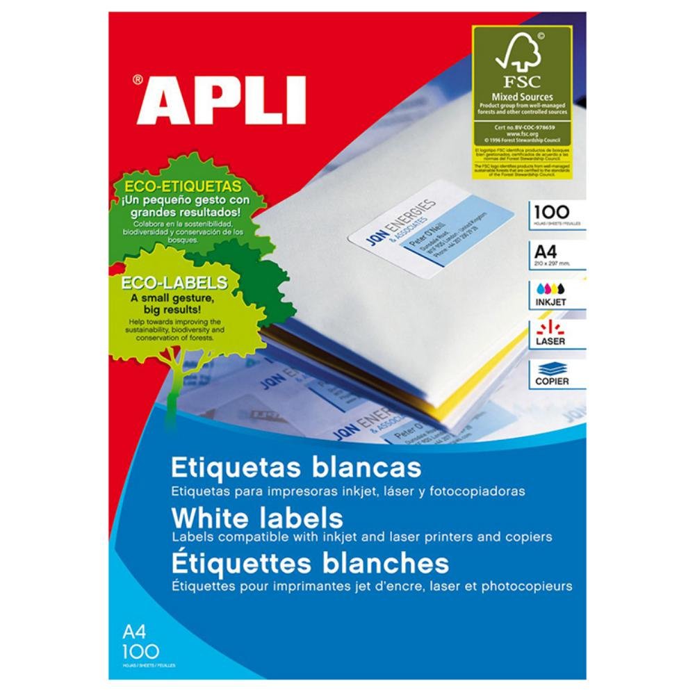 Etiquetas Autoadhesivas Apli 64,6 x 33,8 mm Cantos Rectos 24 x hoja Caja 100 Hojas