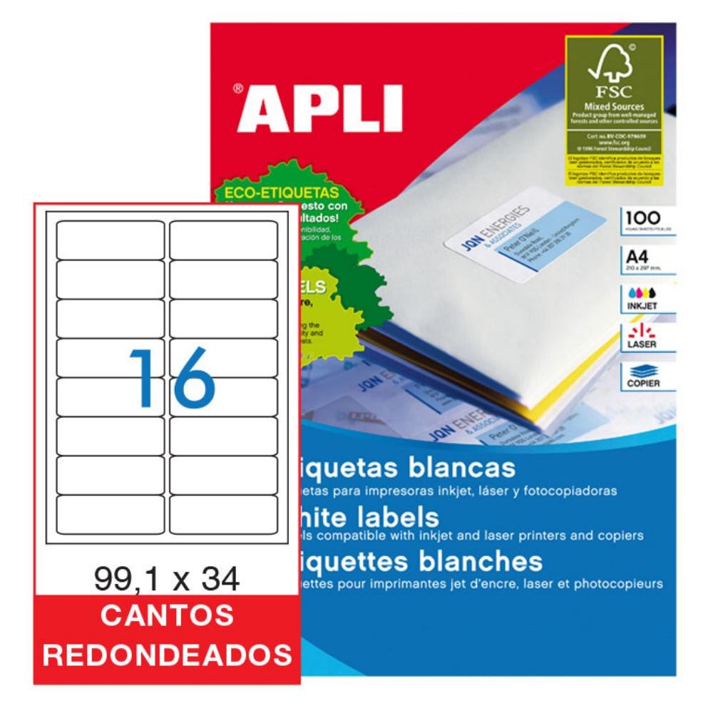 Etiquetas Autoadhesivas A4 Apli 99,1 x 34 mm Cantos Redondeados 16 x hoja Caja 100 Hojas
