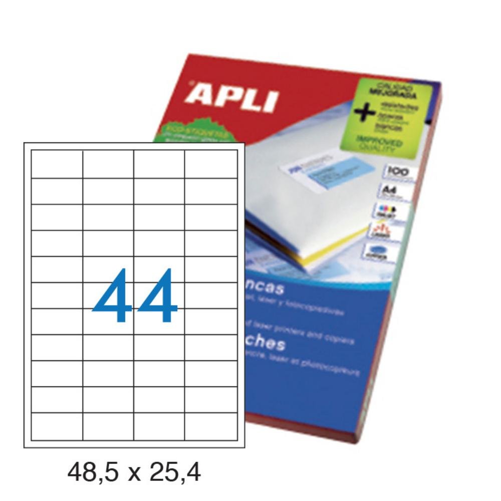 Etiquetas Autoadhesivas Apli 48,5 x 25,4 mm Cantos Rectos 44 x hoja Caja 100 Hojas
