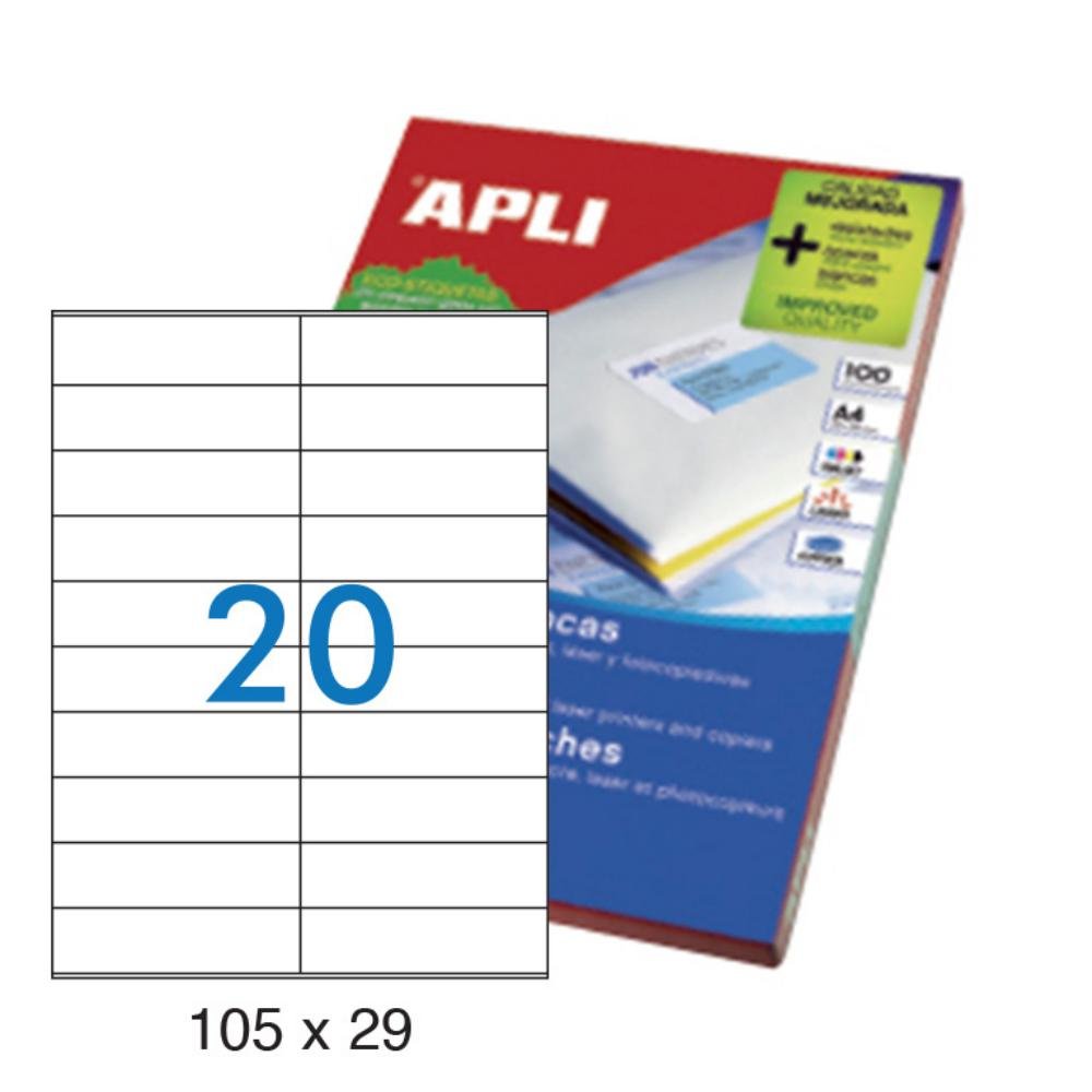 Etiquetas Autoadhesivas Apli 105 x 29 mm Cantos Rectos 20 x hoja Caja 100 Hojas