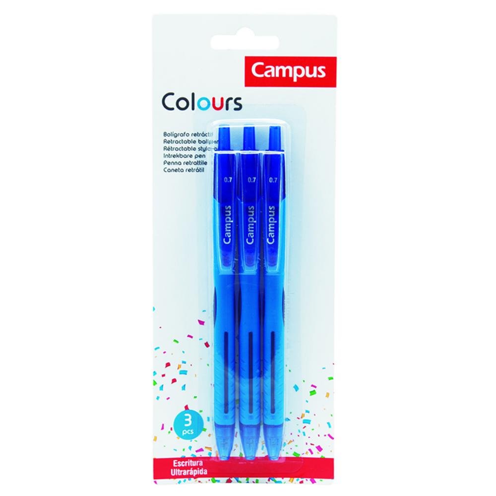Bolígrafo Tinta Viscosidad Extrema Campus Colours Azul Blíster 3 ud.