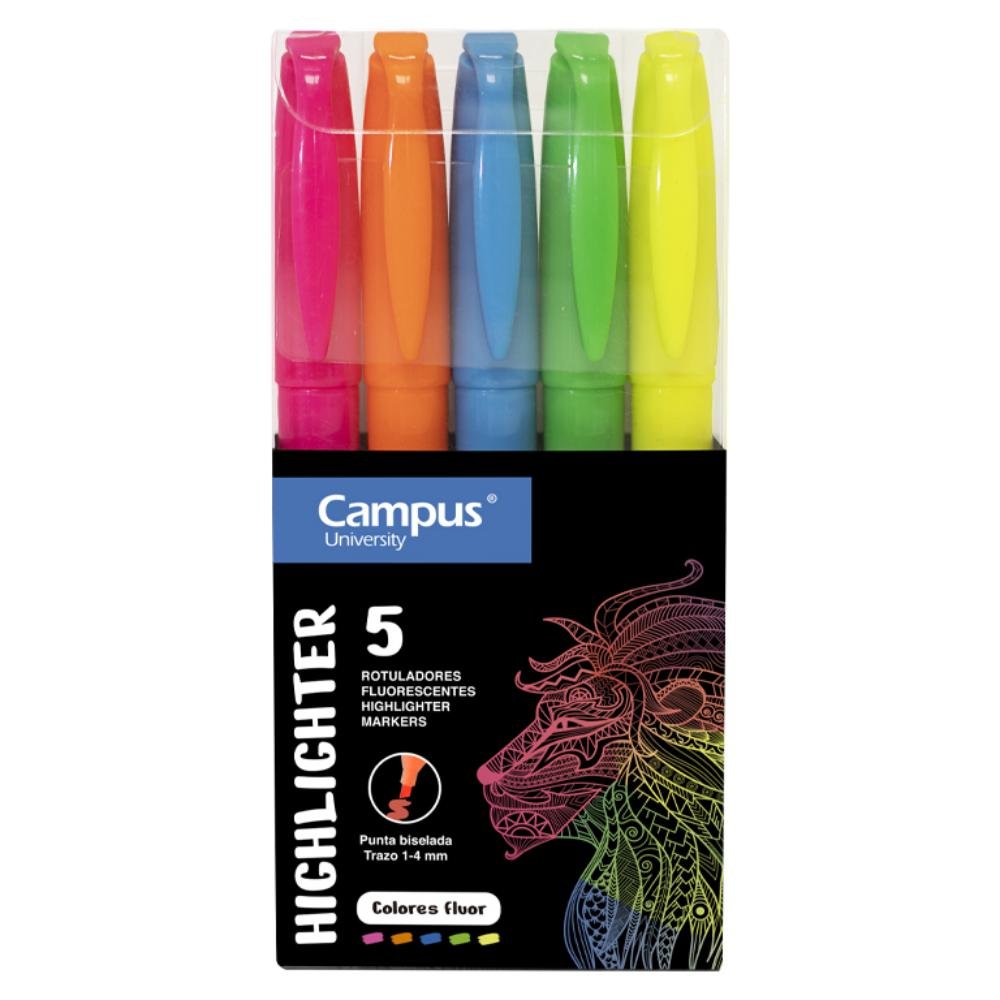 Marcador Fluorescente Pen Highlighter Campus University Colores Neón 5 unid.