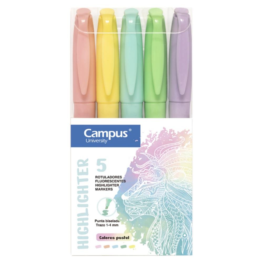 Marcador Fluorescente Pen Highlighter Campus University Colores Pastel 5 unid.