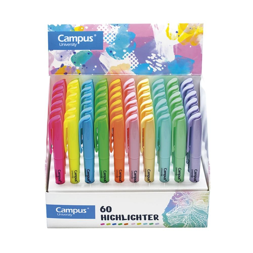 Marcador Fluorescente Pen Highlighter Campus University Colores Neón + Pastel Expositor 60 unid.