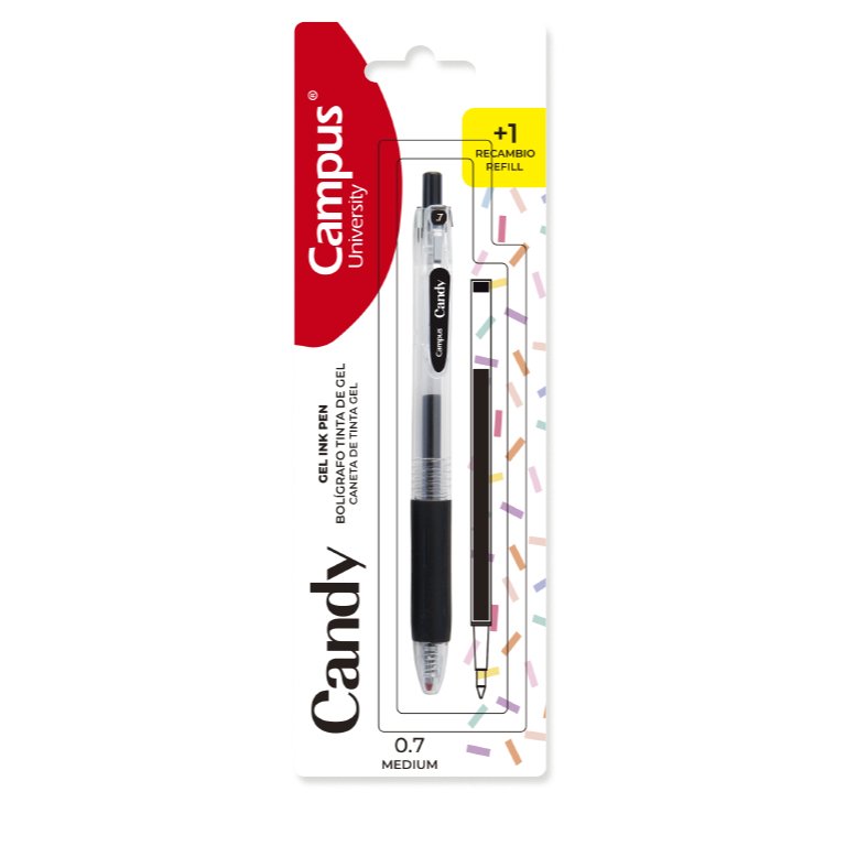 Bolígrafo Tinta Gel Campus Candy Blíster Negro + Recambio