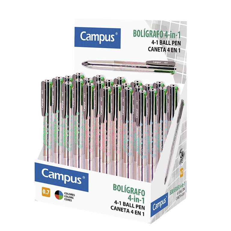 Bolígrafo Tinta Aceite Campus 4 Colores Metalizado Expositor 24 ud.