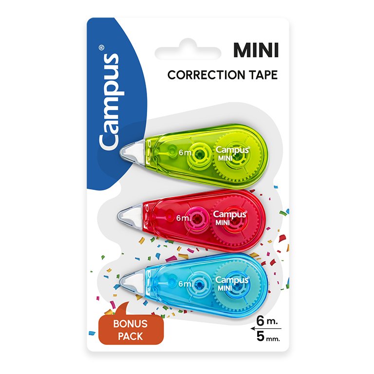 Corrector en Cinta Campus Mini Colores Flúor 5mm x 6m Blíster  3 ud.