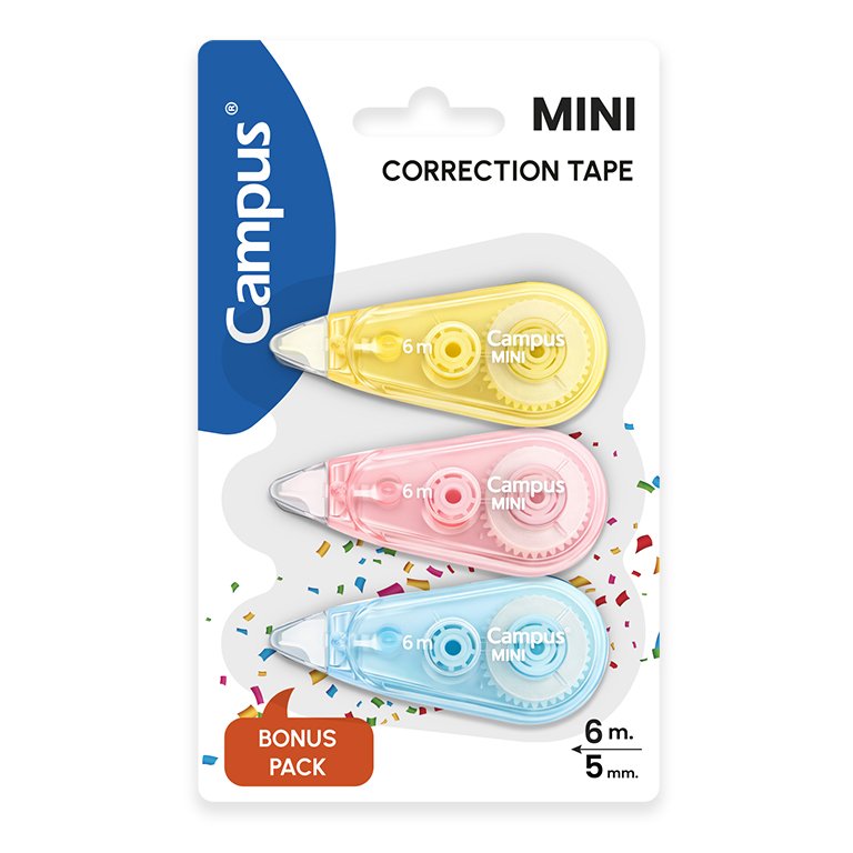 Corrector en Cinta Campus Mini Colores Pastel 5mm x 6m Blíster 3 ud.