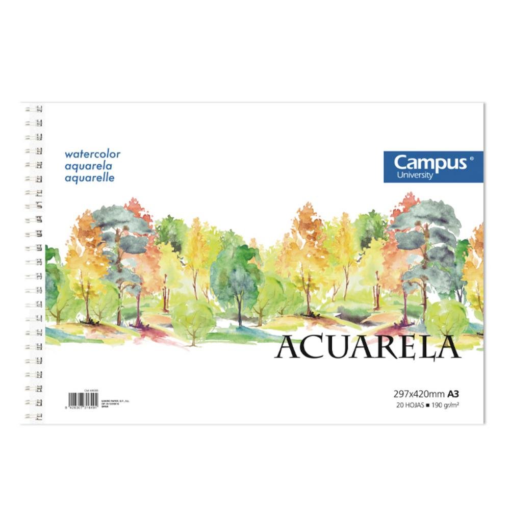 Bloc Acuarela Campus University A3 Espiral 20 Hojas 190g