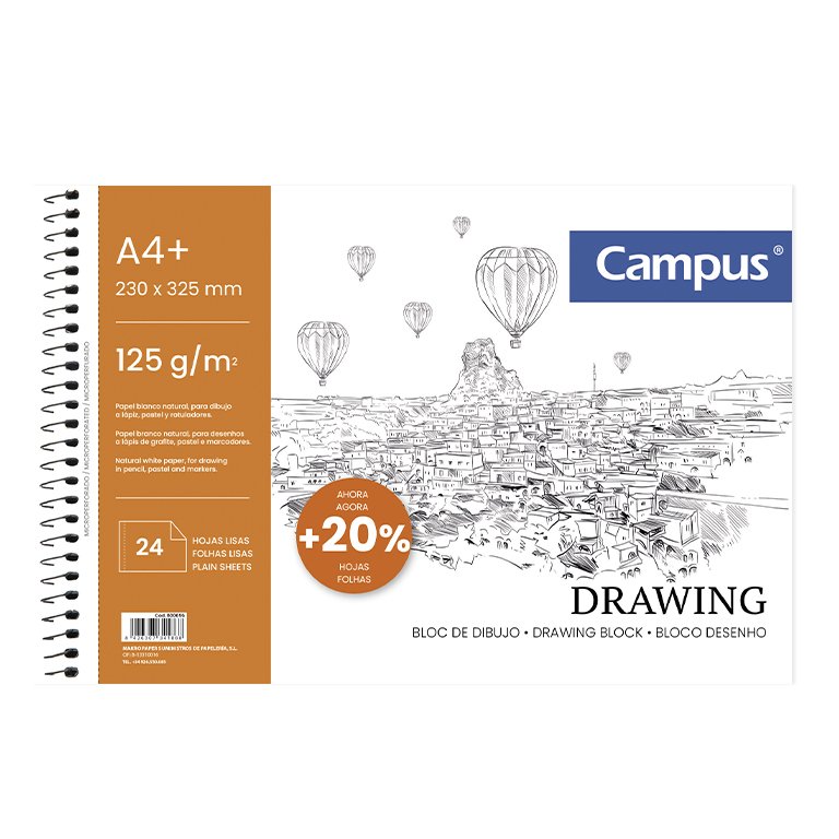 Bloc de Dibujo Campus Drawing A4+ Espiral Microperforado 24 Hojas 125g Formato Liso