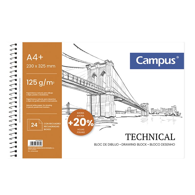Bloc de Dibujo Campus Drawing A4+ Espiral Microperforado 24 Hojas 125g con Recuadro
