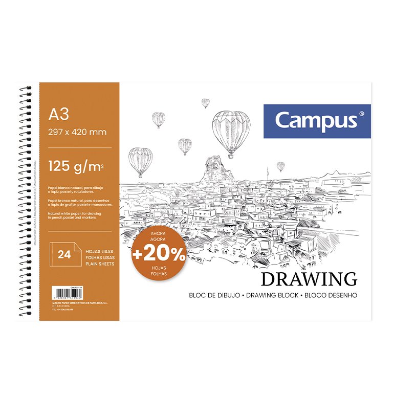 Bloc de Dibujo Campus Drawing A3 Espiral Microperforado 24 Hojas 125g Formato Liso