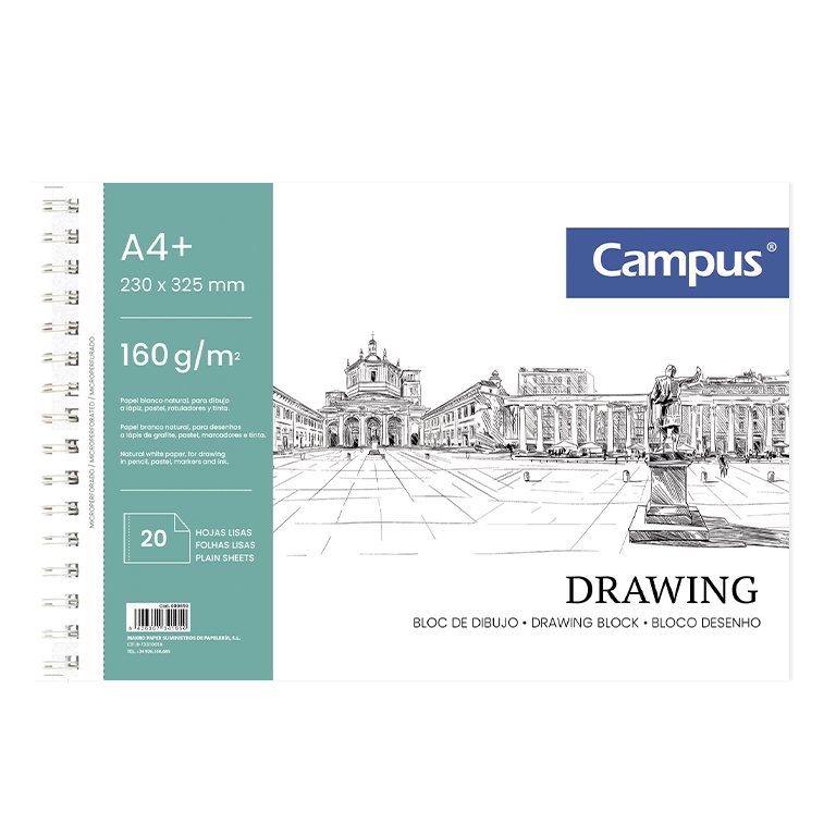 Bloc de Dibujo Campus Drawing A4+ Espiral Microperforado 20 Hojas 160g Formato Liso