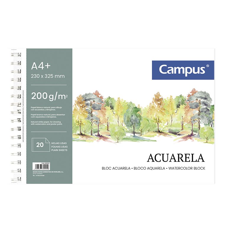 Bloc de Dibujo Campus Acuarela A4+ Espiral Microperforado 20 Hojas 200g Liso